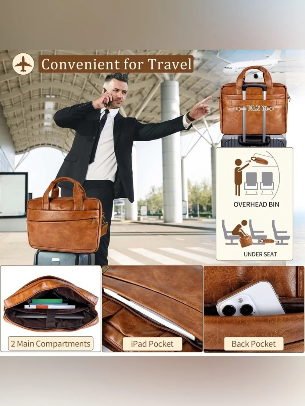 Men's Tan PU Leather Briefcase Laptop Bag